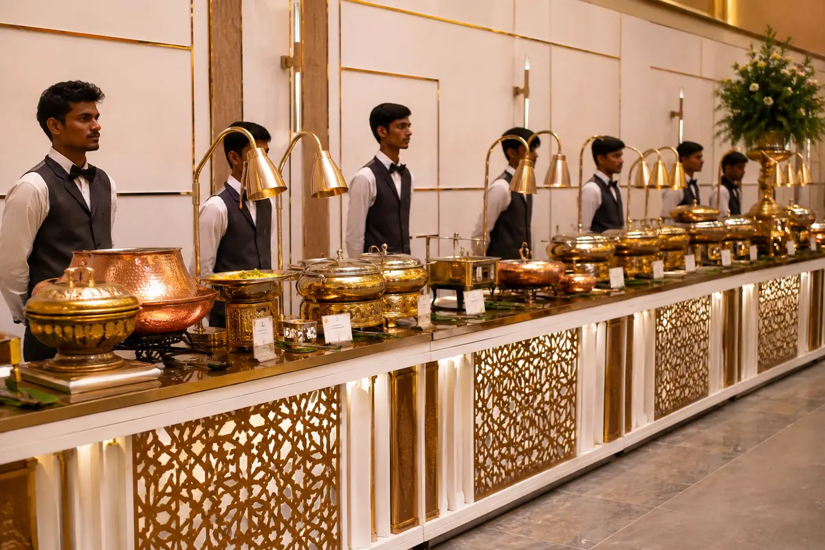 Royal gold buffet counter with uniformed service staff