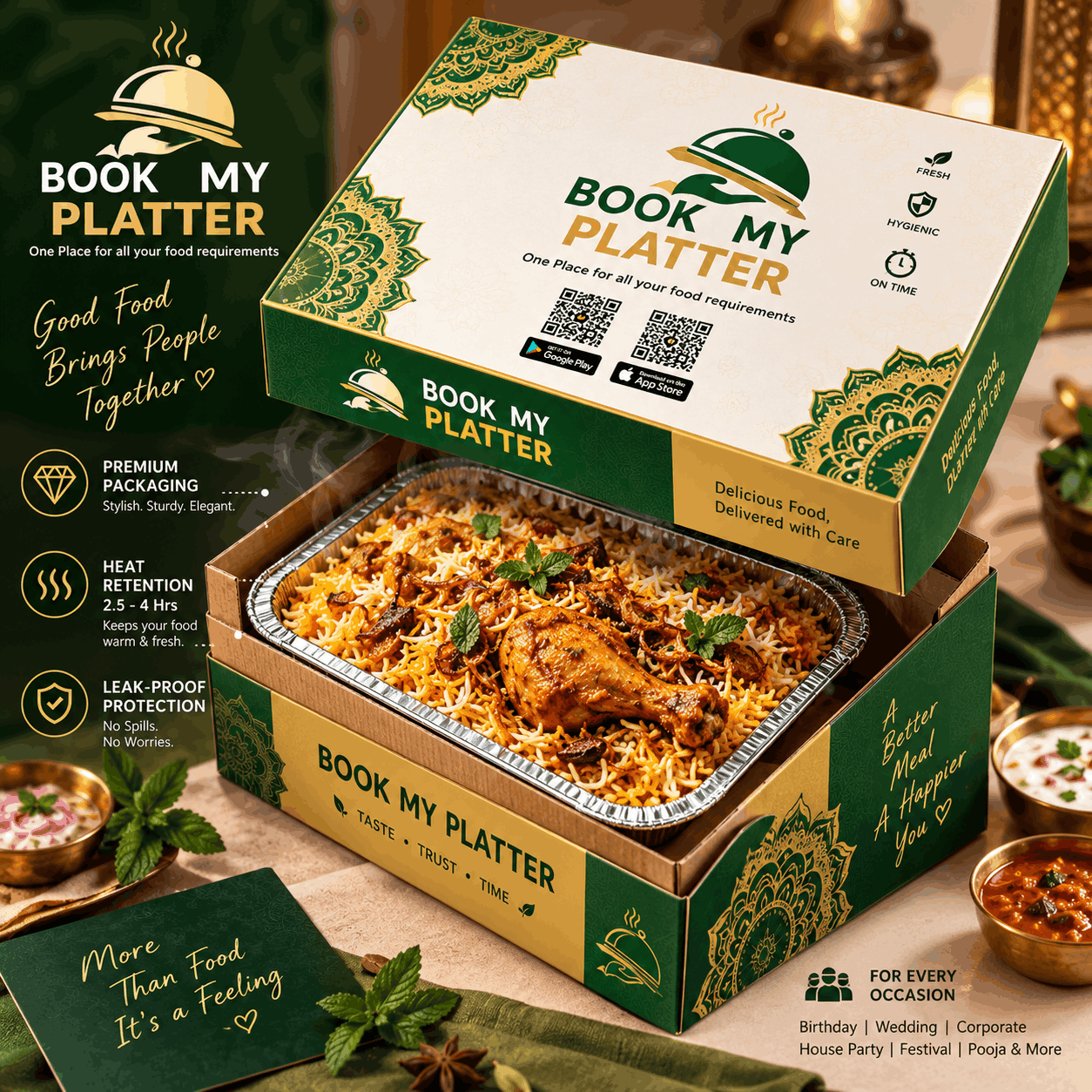 Platter Box premium food packaging with biryani, heat retention and leak-proof protection
