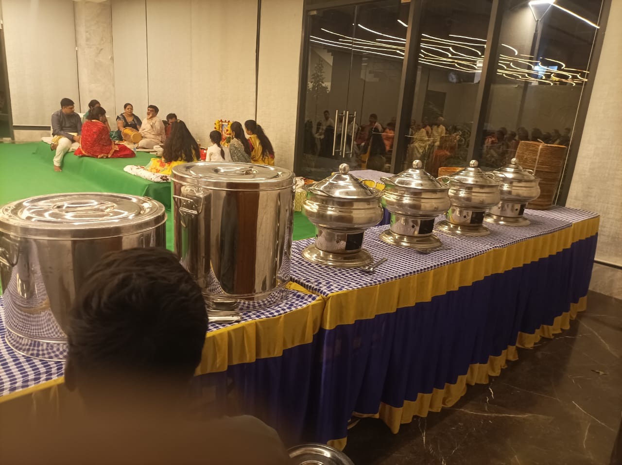 Pure-veg buffet setup at a traditional pooja function