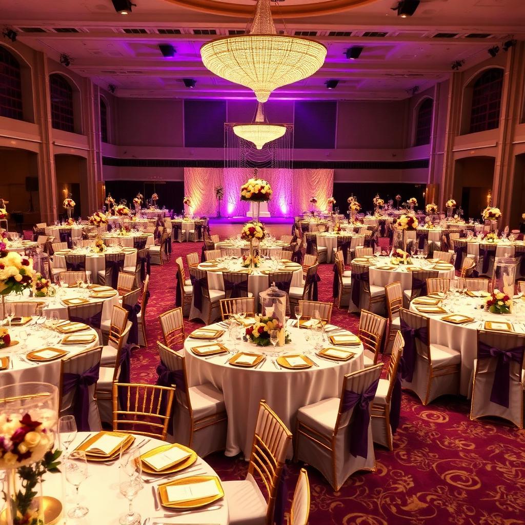 Grand wedding reception dining hall setup in Hyderabad